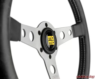 Momo Prototipo Heritage Black Leather, White Stitching, Brushed Aluminum Spokes - PRH35BK0S