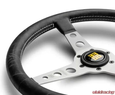 Momo Prototipo Heritage Black Leather, White Stitching, Brushed Aluminum Spokes - PRH35BK0S