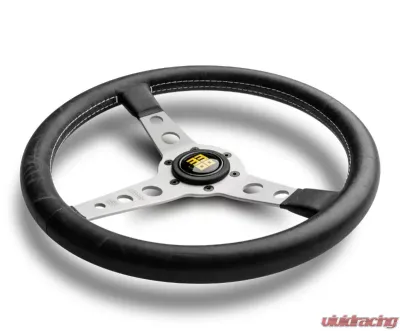 Momo Prototipo Heritage Black Leather, White Stitching, Brushed Aluminum Spokes - PRH35BK0S