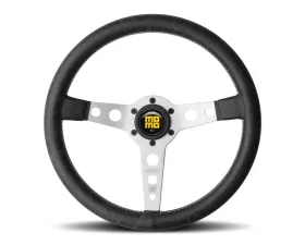 Momo Prototipo Heritage Black Leather, White Stitching, Brushed Aluminum Spokes