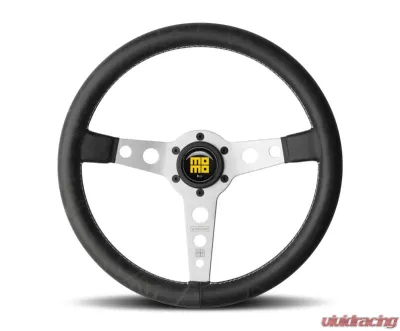 Momo Prototipo Heritage Black Leather, White Stitching, Brushed Aluminum Spokes - PRH35BK0S