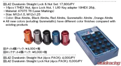 Rays Dura-Nut L42 Straight Type Lug Nut & Lock Set - 12x1.25 Gunmetallic - WDURA4212125G