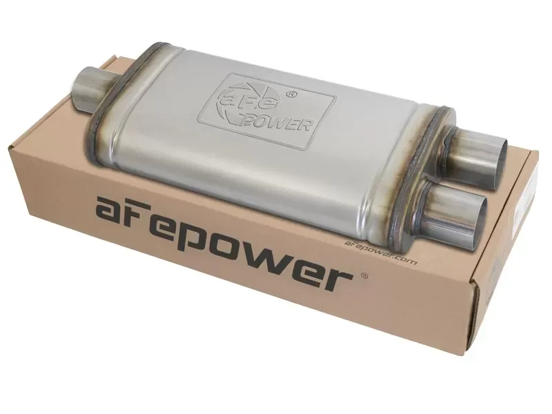 aFe Power MACH Force-Xp 2.5" to 2.5" 409 Stainless Steel Muffler 2-1/2" Center Inlet /Dual Outlets, 18"L x 9"W x 4"H Body - 49M00009