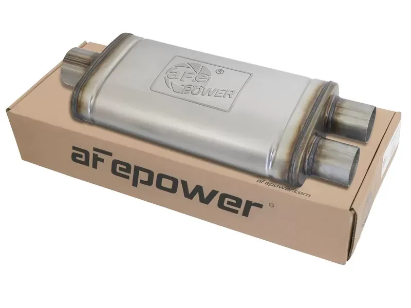 aFe Power MACH Force-Xp 3" to 2.5" 409 Stainless Steel Muffler 3" Center Inlet /2-1/2" Dual Outlets, 18"L x 9"W x 4"H Body - 49M00018