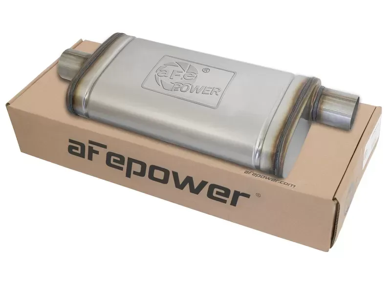 aFe Power MACH Force-Xp 2.5" to 2.5" 409 Stainless Steel Muffler 2-1/2" Center Inlet /2-1/2" Offset Outlet, 18"L x 9"W x 4"H Body - 49M00019