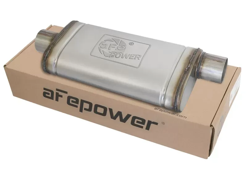 aFe Power MACH Force-Xp 3" 409 Stainless Steel Muffler 3" Center Inlet /3" Offset Outlet, 18"L x 9"W x 4"H Body - 49M00020