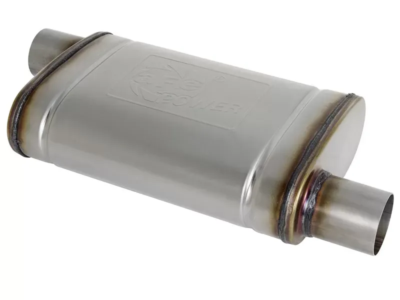 aFe Power MACH Force-Xp 2-1/2" 409 Stainless Steel Muffler 2-1/2" Inlet/Outlet Offset/Offset, 14"L x 9"W x 4"H Body - 49M00028