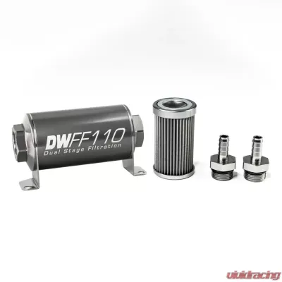 DeatschWerks 3/8 in, 40 micron, 110mm In-line fuel filter kit - 8-03-110-040K-38
