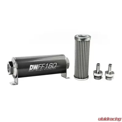 DeatschWerks 3/8 in, 100 micron, 160mm In-line fuel filter kit - 8-03-160-100K-38