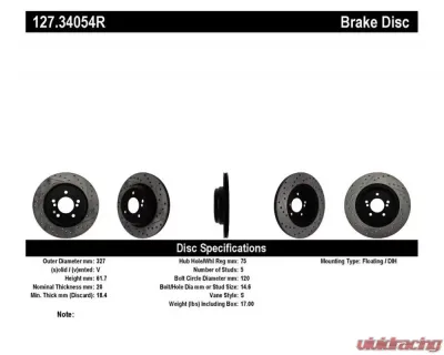 StopTech Sport Drilled/Slotted Brake Rotor Rear Right BMW 3 Series 1998-2006, Black, 127.34054R - 127.34054R