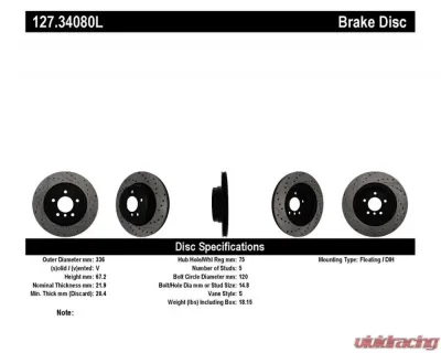 StopTech Sport Drilled/Slotted Brake Rotor Rear Left BMW 3 Series 2006-2013, 127.34080L - 127.34080L