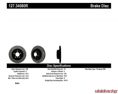 StopTech Sport Drilled/Slotted Brake Rotor Rear Right BMW 3 Series 1998-2006 127.34080R - 127.34080R