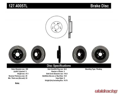 StopTech Sport Drilled/Slotted Brake Rotor Front Left for Ford Mustang 2015-2023, Silver, 127.40057L - 127.40057L