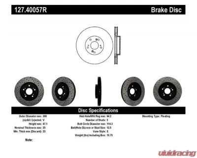 StopTech Sport Drilled/Slotted Brake Rotor Front Right, Red, 127.40057R - 127.40057R