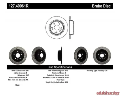 StopTech Sport Drilled/Slotted Rear Right Brake Rotor for Ford Mustang 2005-2014, Black, 127.40061R - 127.40061R