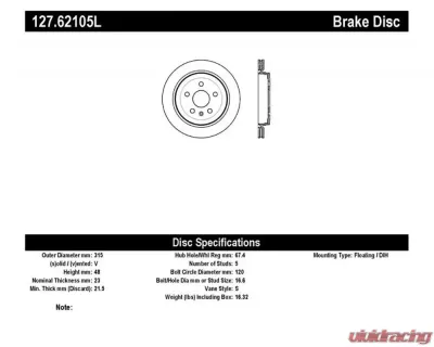 StopTech Sport Drilled/Slotted Rear Left Brake Rotor, Black, 127.62105L - 127.62105L