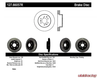 StopTech Sport Drilled/Slotted Brake Rotor Front Right - 127.66057R