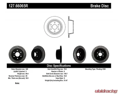 StopTech Sport Drilled/Slotted Rear Right Brake Rotor for Ford Mustang 127.66065R - 127.66065R
