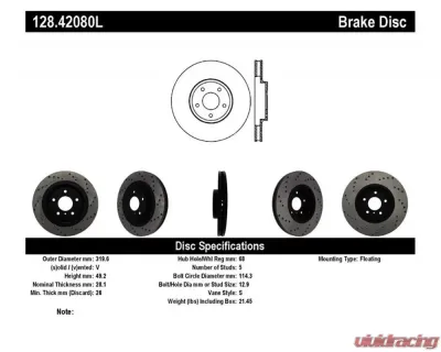 StopTech Sport Cross Drilled Brake Rotor Front Left, Black, 128.42080L - 128.42080L