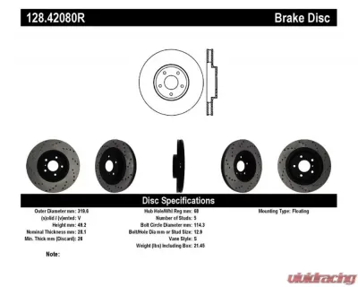 StopTech Sport Cross Drilled Brake Rotor Front Right, Red, 128.42080R - 128.42080R