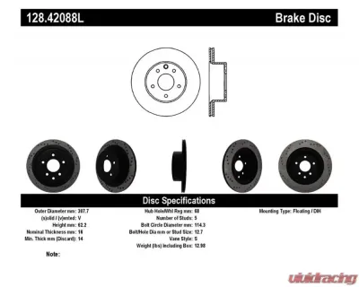 StopTech Sport Cross Drilled Brake Rotor Rear Left for Ford Mustang 2005-2014, Black, 128.42088L - 128.42088L