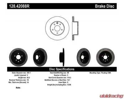 StopTech Sport Cross Drilled Rear Right Brake Rotor, Black, 128.42088R - 128.42088R