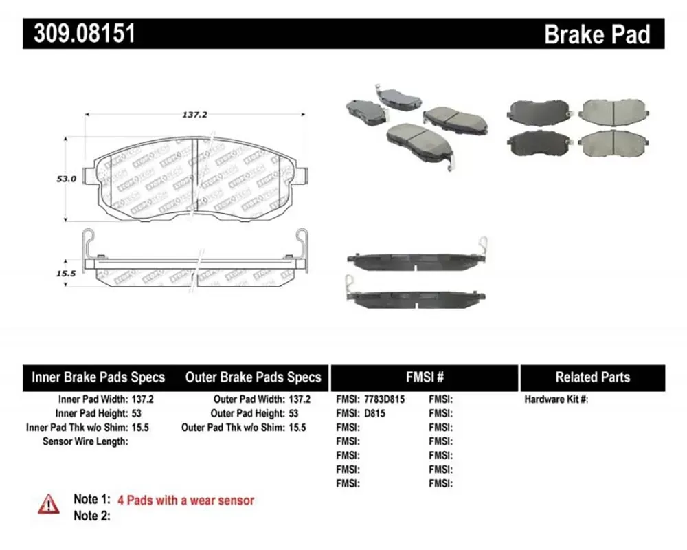 StopTech Sport Brake Pads with Shims and Hardware Front - 309.08151