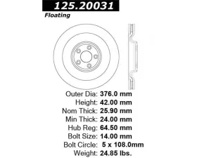 StopTech Premium High-Carbon Rear Rotor for Jaguar XJ 2004-2009, 125.20031