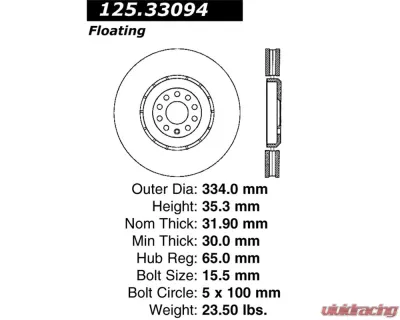 StopTech Premium High-Carbon Front Left Rotor for VW Golf R32 2004 125.33094 - 125.33094
