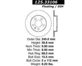 StopTech Premium High-Carbon Rear Rotor Audi 1.8L 1996-2005 125.33106