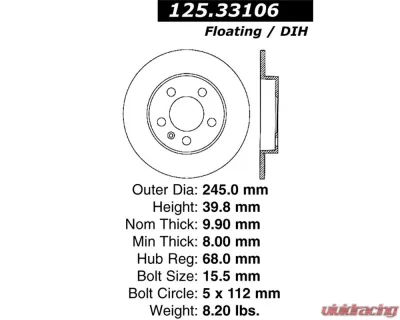 StopTech Premium High-Carbon Rear Rotor Audi 1.8L 1996-2005 125.33106 - 125.33106
