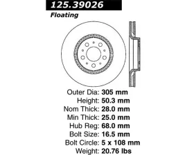 StopTech Premium High-Carbon Front Rotor for Volvo S60 2001-2010, 125.39026