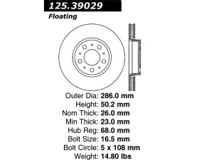 StopTech Premium High-Carbon Front Rotor for Volvo S60 2001-2010, 125.39029