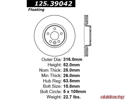 StopTech Premium High-Carbon Front Rotor for Land Rover LR2 2008-2012 125.39042 - 125.39042