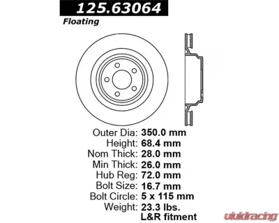StopTech Premium High-Carbon Rear Rotor for Ford Mustang 2015-2023, 125.63064 - 125.63064