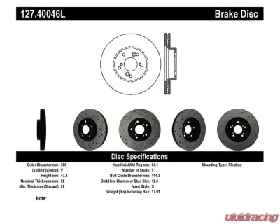 StopTech Sport Drilled/Slotted Brake Rotor Front Left, Black, 2006-2011 Honda Civic, 127.40046L - 127.40046L