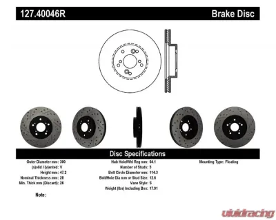StopTech Sport Drilled/Slotted Brake Rotor Front Right, Red, 2011-2014 Ford Mustang, 127.40046R - 127.40046R