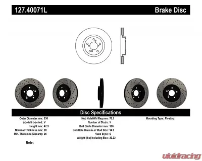 StopTech Sport Drilled/Slotted Brake Rotor Front Left, Black, 127.40071L - 127.40071L