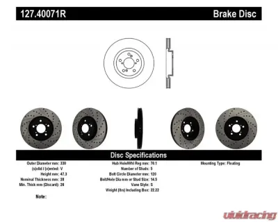 StopTech Sport Drilled/Slotted Brake Rotor Front Right for Honda Civic 2006-2011, Red, 127.40071R - 127.40071R