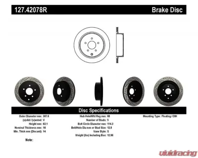 StopTech Sport Drilled/Slotted Brake Rotor Rear Right for Ford Mustang 2005-2014, Black, 127.42078R - 127.42078R