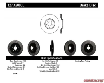 StopTech Sport Drilled/Slotted Brake Rotor Front Left for Honda Civic 127.42080L - 127.42080L