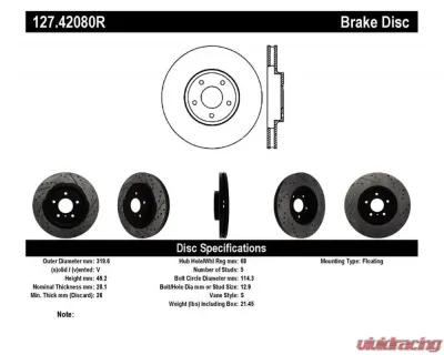 StopTech Sport Drilled/Slotted Brake Rotor Front Right, Red, 127.42080R for Ford Mustang 2015-2020 - 127.42080R