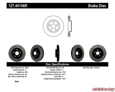 StopTech Sport Drilled/Slotted Brake Rotor Front Right for Ford Mustang 127.44146R - 127.44146R