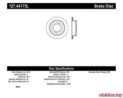 StopTech Sport Drilled/Slotted Brake Rotor Rear Left for Ford Mustang 2015-2023, Black, 127.44175L - 127.44175L