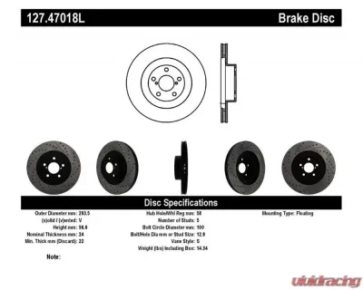 StopTech Sport Drilled/Slotted Brake Rotor Front Left for Honda Civic 2006-2011, Gray, 127.47018L - 127.47018L