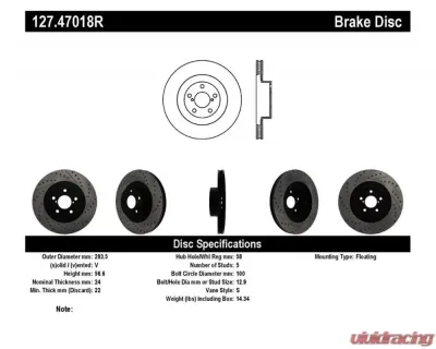 StopTech Sport Drilled/Slotted Brake Rotor Front Right for Ford Mustang 2015-2023, Black, 127.47018R - 127.47018R