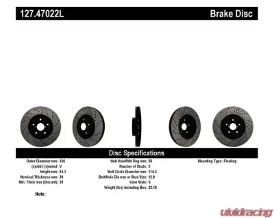 StopTech Sport Drilled/Slotted Brake Rotor Front Left Subaru STI 2008-2021, 127.47022L - 127.47022L