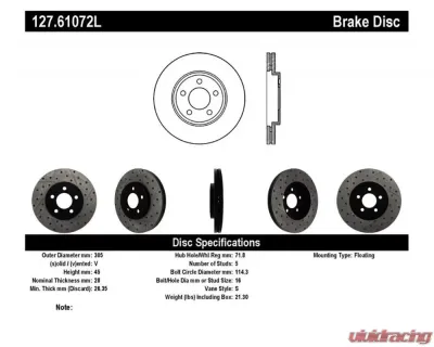 StopTech Sport Drilled/Slotted Brake Rotor Front Left for Ford Mustang 2005-2014, Gray, 127.61072L - 127.61072L