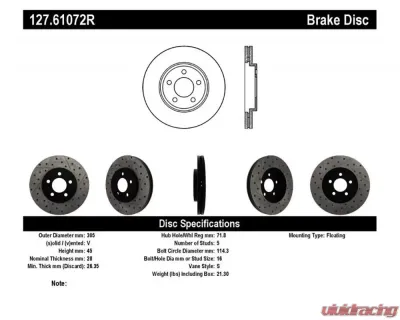 StopTech Sport Drilled/Slotted Front Right Brake Rotor, Red, 127.61072R - 127.61072R