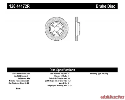 StopTech Sport Cross Drilled Brake Rotor Front Right for Ford Mustang 128.44172R - 128.44172R